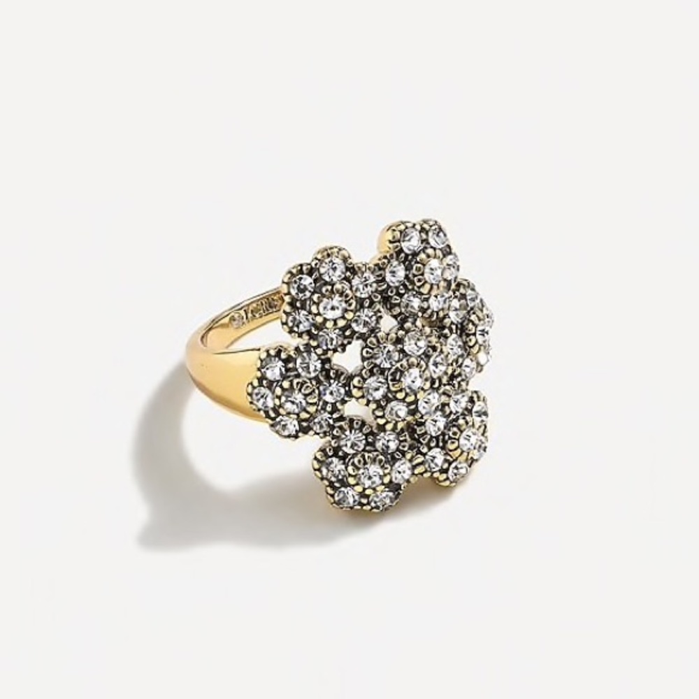 NWT J.Crew Pave Flower  Glass Stone Cocktail Ring